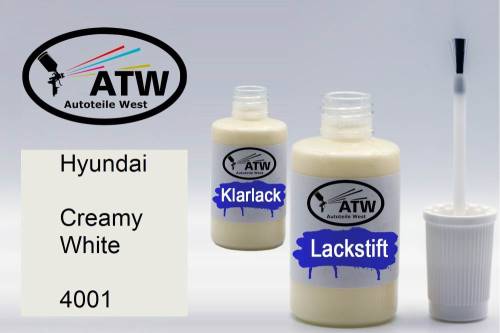 Hyundai, Creamy White, 4001: 20ml Lackstift + 20ml Klarlack - Set, von ATW Autoteile West.